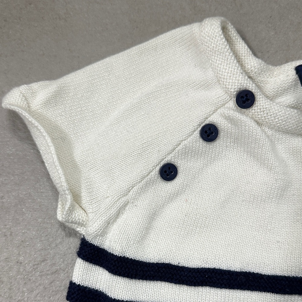 Janie and Jack White Striped Knit Romper with Navy Buttons - Picture 4 of 16